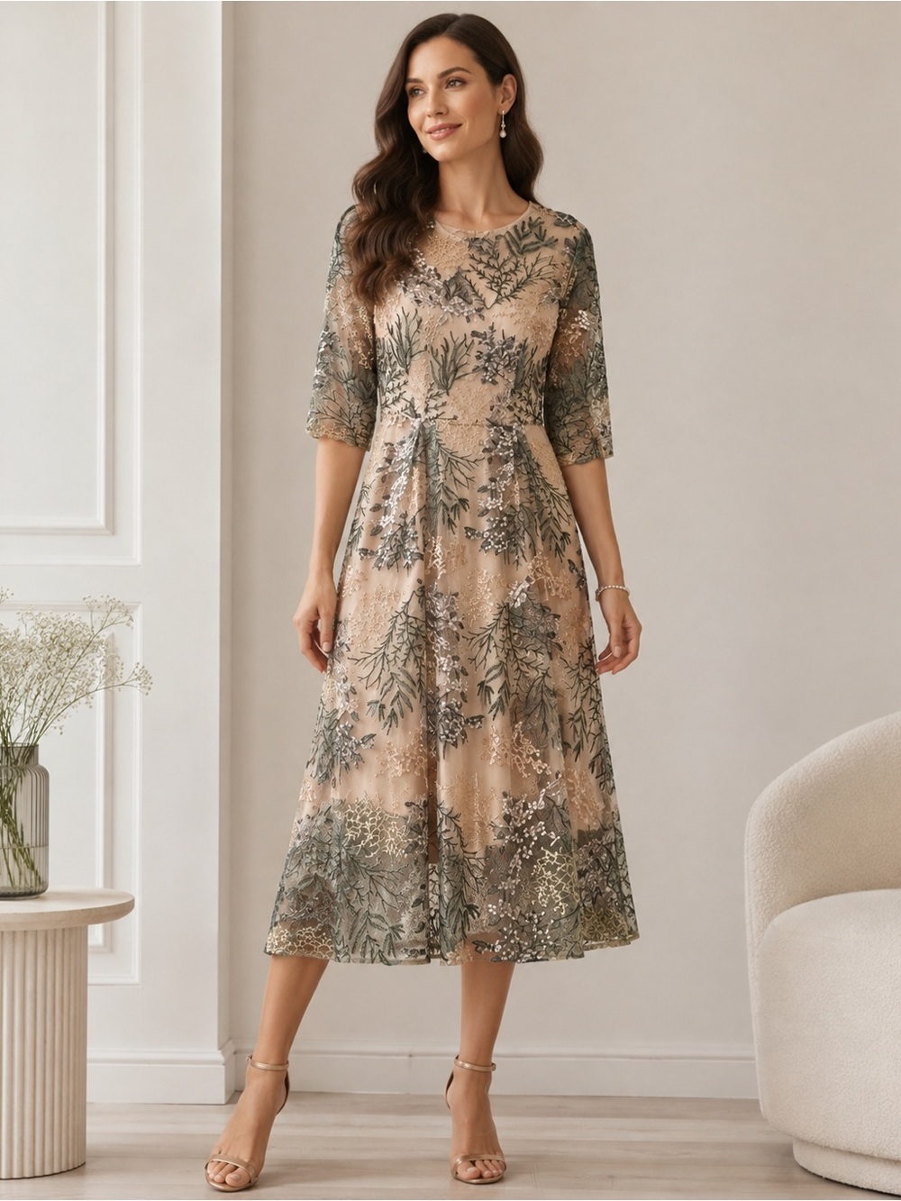 Embroidered Midi Dress in Nude with Olive Floral Lace